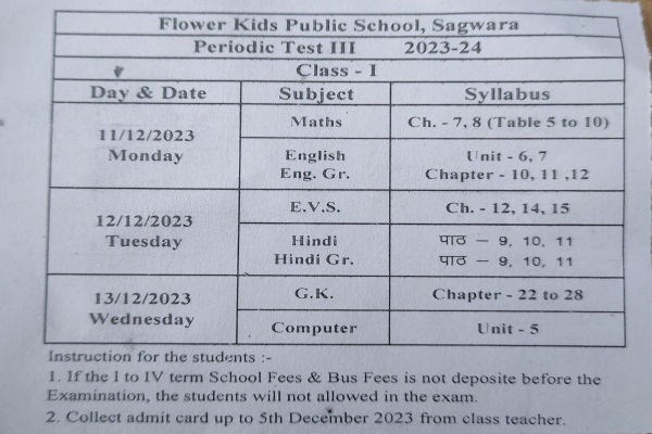 PERIODIC TEST -III  (TIME - TABLE OF CLASS 1st TO 5th)